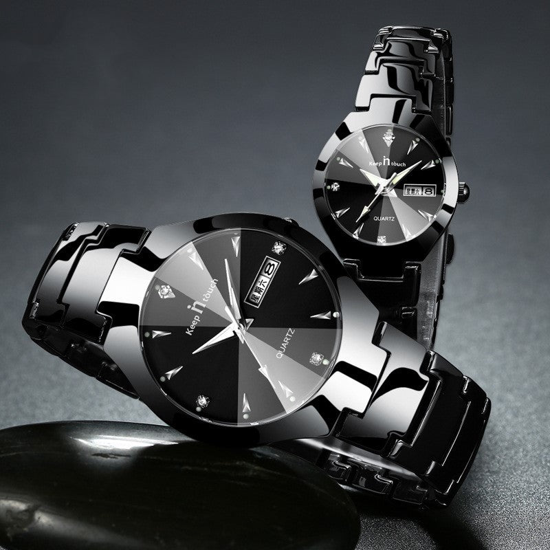 Luminous Couple Quartz Watch – Steel Band Calendar Wristwatch for Men & Women