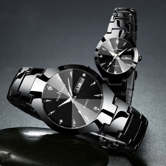 Luminous Couple Quartz Watch – Steel Band Calendar Wristwatch for Men & Women