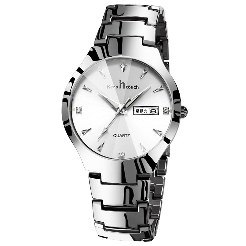 Luminous Couple Quartz Watch – Steel Band Calendar Wristwatch for Men & Women