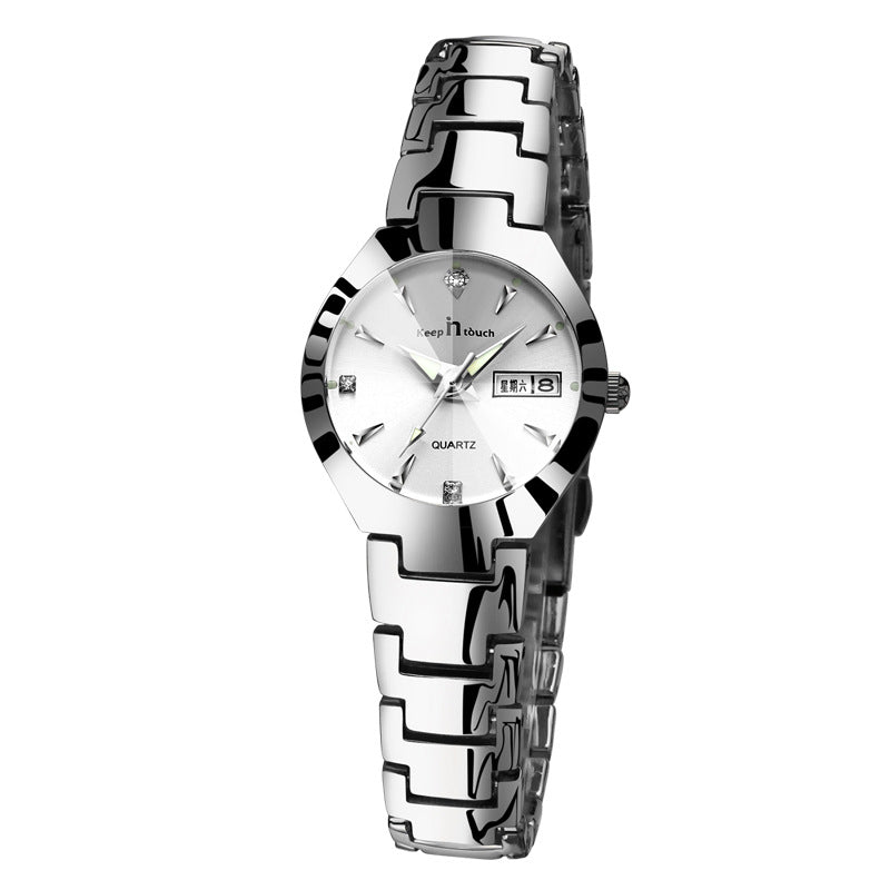 Luminous Couple Quartz Watch – Steel Band Calendar Wristwatch for Men & Women