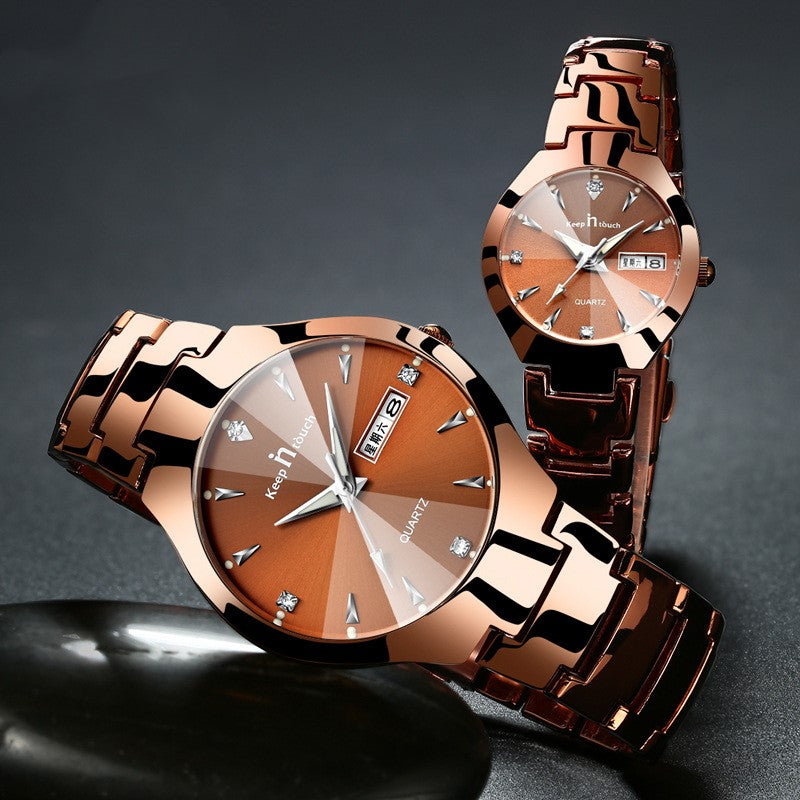Luminous Couple Quartz Watch – Steel Band Calendar Wristwatch for Men & Women