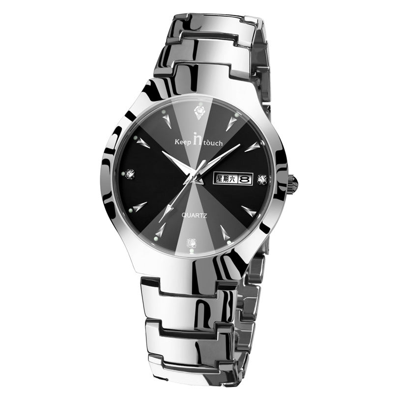 Luminous Couple Quartz Watch – Steel Band Calendar Wristwatch for Men & Women