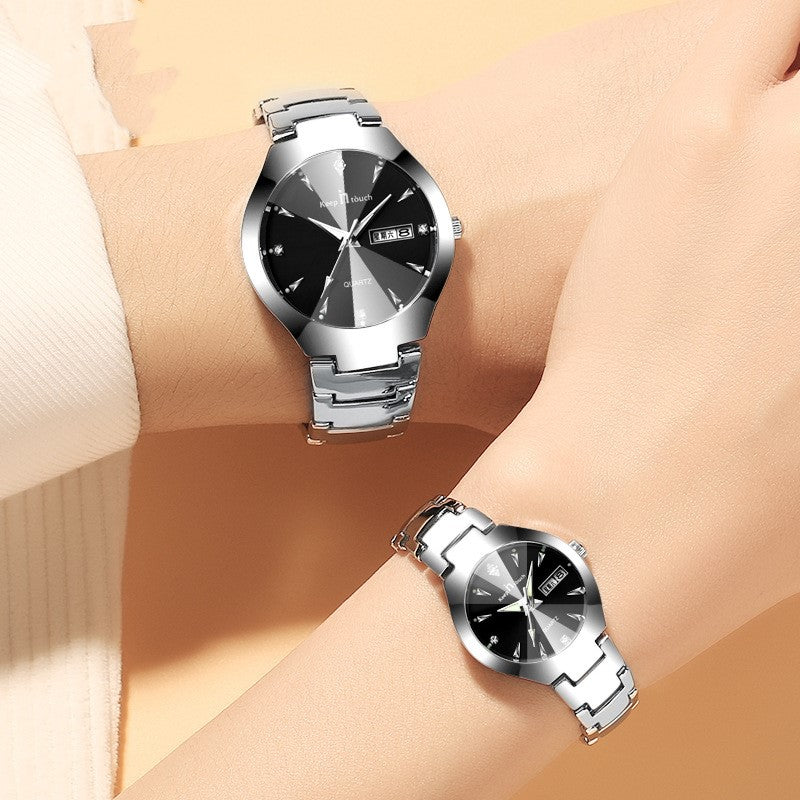 Luminous Couple Quartz Watch – Steel Band Calendar Wristwatch for Men & Women