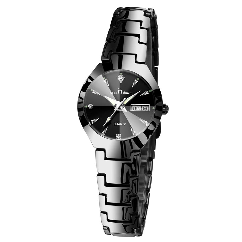 Luminous Couple Quartz Watch – Steel Band Calendar Wristwatch for Men & Women