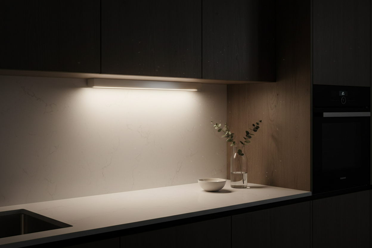 Motion sensor LED strip light installed under kitchen cabinet glowing warm white light